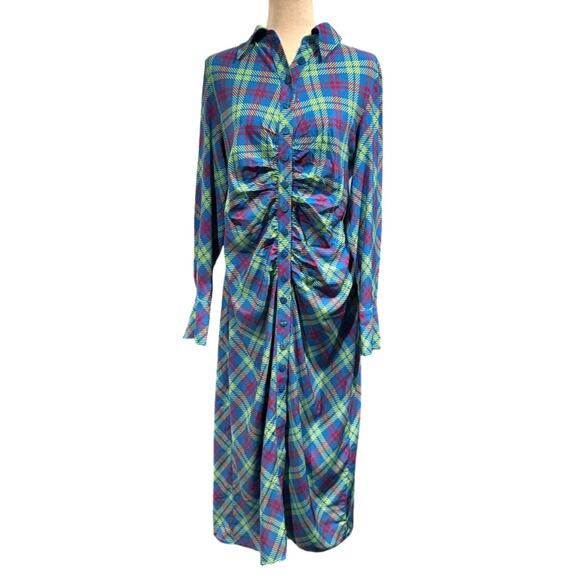 KITRI Lennox Blue Check Ruched Shirt Dress Size US 12 / UK 16 - Picture 2 of 8
